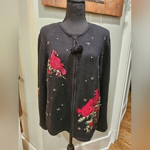 Tiara International Women's Black and Red Embroidered Christmas Sweater